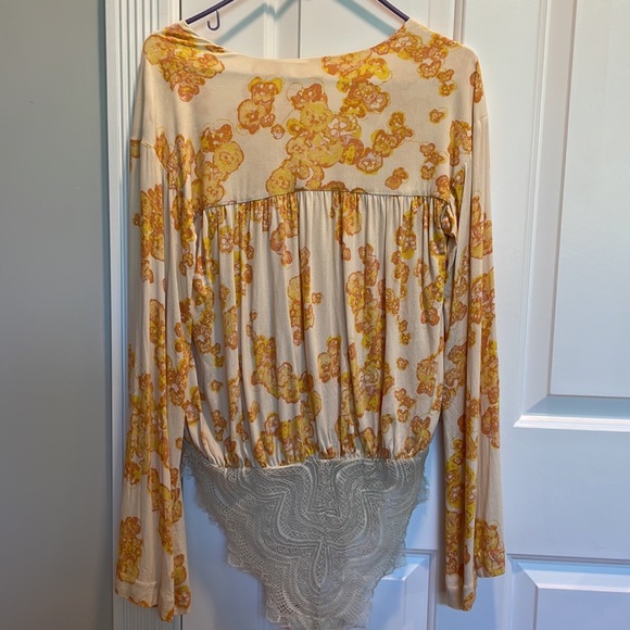 Free People - Forties Feels Yellow Floral Print Tie-Front Bodysuit, Size Small - Picture 9 of 9
